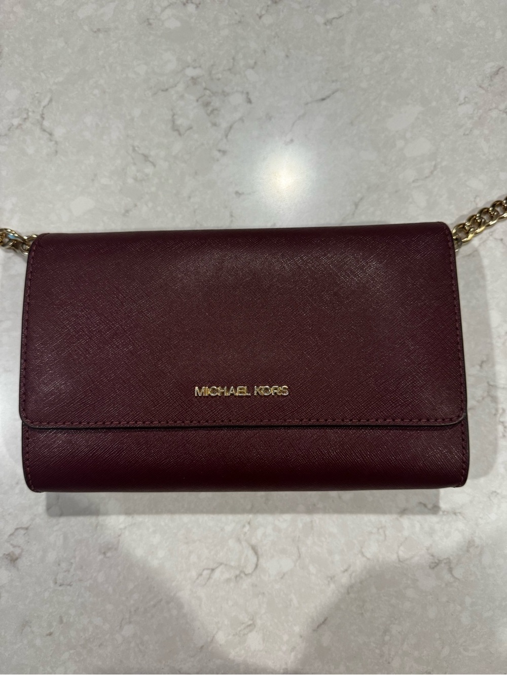 Michael Kors Burgundy Saffiano Leather Crossbody Wallet with Gold Chain